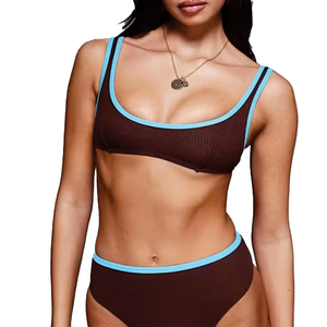 Custom Ribbed Women's Sexy 2 Piece Bikini Set Contrast Trim Sport Style Swimwear Quick Dry Beach Bathing Suit Wholesale Service - Product Image 5