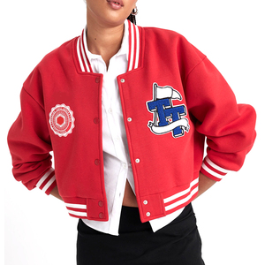For Wholesale Rate Women Varsity Jacket Red White Embroidered Logo Full Sleeve Turn-down Collar Short Length Autumn Wear - Product Image 3