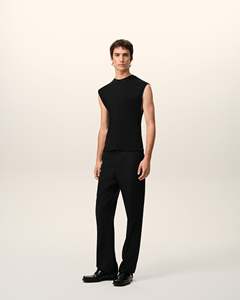 Haut sans manches en tricot à col rond pour homme, coupe ajustée, noir uni, style minimaliste, longueur normale, 100% coton, collection - Product Image 2