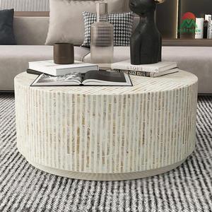 Table basse ronde moderne Nhat Minh en nacre, faite à la main, meubles de salon, finition blanche - Product Image 6