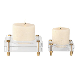 Luxury Crystal Acrylic & Brass Pillar <b>Candle</b> Holder <b>Set</b> Modern Chic Design For Upscale Home Decor & Events Premium Quality - Product Image 2