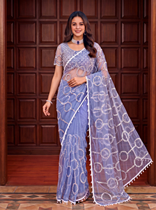 Tela de Saree India de Diseño con Bordado de Lentejuelas, Perlas y Cuentas Decorativas - Product Image 5