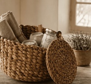 Cesta de Almacenamiento Tejida KOTTRAVAI con Tapa, Organizador Redondo de Bambú Natural para Baño, Decoración del Hogar, Estilo Wabi Sabi, Tamil Nadu - Product Image 5