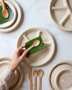 Assiette jetable en bagasse naturelle, ronde de 11 pouces, de qualité alimentaire, à 4 compartiments, compostable, en fibre de canne à sucre - Product Image 3
