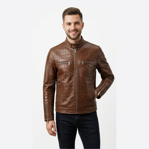 Chaqueta de Cuero PU con Estampado de Cocodrilo para Hombre, Cuello Alto, Cierre de Cremallera, Estilo Motero, Corte Ajustado, para Otoño - Product Image 6