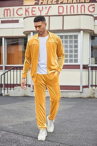Survêtement jaune pour homme, col montant, couleur unie, vêtement de sport décontracté, manches longues, poches latérales, cordon de serrage, coton mi-lourd - Product Image 5