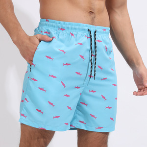 Shorts de Baño para Hombre, Ecológicos, Color Azul Claro, de Secado Rápido, Cintura Alta, con Estampado de Tiburón Rosa, Cintura Elástica, Casuales - Product Image 1