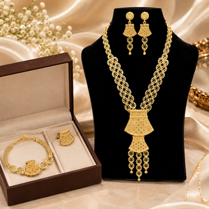 ชุดสร้อยคอจี้ทรงยาวแบบราชวงศ์ |   เครื่องประดับทอง 24K ชุบทองแดงทองเหลืองขัดเงา |   ต่างหู สร้อยข้อมือ แหวนแต่งงานแบบดั้งเดิมสำหรับผู้หญิง - Product Image 1