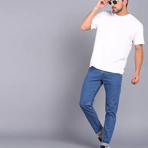 New Stylish Men's Slim Fit Lightweight High <b>Waist</b> Breathable <b>Elastic</b> <b>Waist</b> Casual Straight Denim <b>Jeans</b> 100% Cotton - Product Image 3