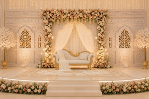Décor mural de scène de mariage en bois blanc de style moghol, cadres en bois Jali d'inspiration marocaine tendance pour la décoration de scène de mariage - Product Image 5