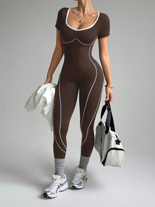 Brown Seamless Mid Waist Yoga <b>Jumpsuit</b> with Side Stripe Sleeveless Breathable Simple Sport Wear Full Length Four-Way Stretch - Product Image 1