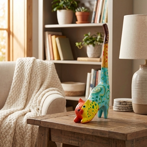 Statue de chat sauteur en bois d'albizia faite à la main, figurine d'animal à longue queue, artisanat en bois peint à la main multicolore, décoration pour la maison et le bureau - Product Image 4