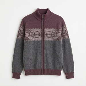 Custom Men's Christmas Zip up Knit Sweater Pine Forest and Bell Bands Intarsia Pattern Snowflakes Pullover OEM ODM - Product Image 1