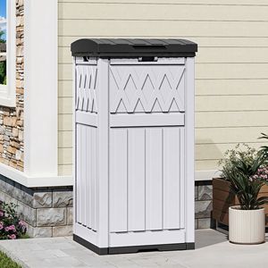 Cestino per rifiuti da esterno in resina impermeabile da 32 galloni con coperchio e vassoio raccogligocce per veranda, cortile, patio, bianco, nero - Product Image 1