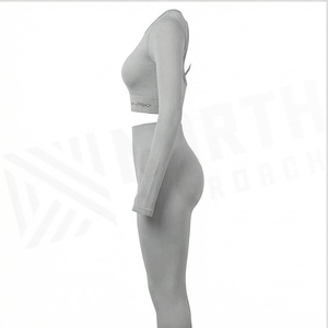 Ensemble de yoga 2 pièces North Approach, haut court côtelé à manches longues et short taille haute, gris uni, sans couture, respirant, vêtements de sport pour femmes - Product Image 3