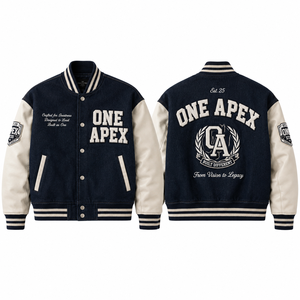 Veste Letterman bleu marine et crème, corps en laine, manches en cuir, broderie personnalisée, veste bomber Letterman - Product Image 1