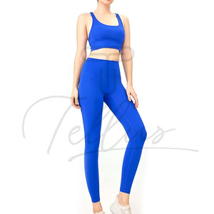 Women Yoga Set High Waist Full Length Leggings <b>Crop</b> <b>Top</b> Racerback Sleeveless Solid Blue Seamless Four-Way Stretch 2 Piece - Product Image 2