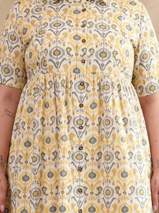 Ensemble de vêtements pour femmes en coton imprimé Ikat, col chemise, jaune, taille plus, robe de maternité, manches courtes, motif tissé décontracté, vêtements de grossesse - Product Image 5