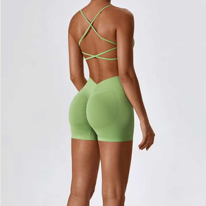 Women Yoga <b>Set</b> <b>Green</b> Seamless Racerback Crop Top High Waist Shorts 2 Piece Workout Sportswear Front Logo Spandex/Nylon - Product Image 2