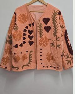 Premium Winter <b>Velvet</b> Cotton Peach Embroidered <b>Jacket</b> <b>Women</b> Heart Floral Sujani Design Handmade Boho Ethnic Coat Wholesale India - Product Image 3