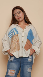 Women’s Designer Bohemian Linen <b>Patchwork</b> Button Down <b>Shirt</b>, Long Sleeve Loose Fit Drop Shoulder Spliced Design Casual Top - Product Image 4