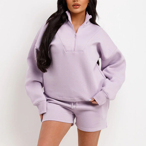 Conjunto de Sudadera Lavanda de Talla Grande para Mujer con Cierre de Cremallera, Color Sólido, Ajuste Holgado Informal, Manga Larga y Pantalones Cortos para Primavera - Product Image 6