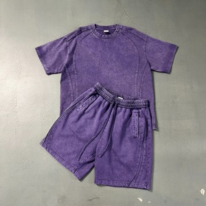 Conjunto de Camiseta y Pantalones Cortos de Verano para Hombre, Estilo Urbano, 350 g/m², Lavado Ácido, Hombros Caídos, Camiseta Holgada y Pantalones Cortos - Product Image 1