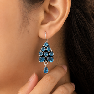 Mejor Precio Pendientes Colgantes de Topacio Azul para Mujer, con Engaste de Bisel Plateado Antiguo, Diseño Floral Bohemio para Boda, Bajo MOQ - Product Image 3