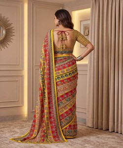 Sari Moderno de Seda Chinon con Estampado Digital Ajrak, Largo hasta el Suelo, con Trabajo de Espejo Real, Blusa sin Coser, Ropa de Boda para Mujer 85324 DVD - Product Image 3