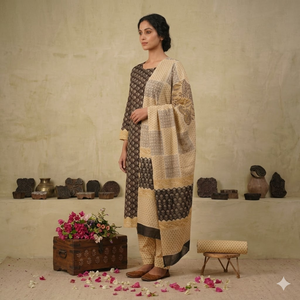 Tela de Algodón Floral Beige y Negro con Borde |   Textil Hecho a Mano de Alta Calidad con Estampado a Bloque |   Material para Prendas Étnicas de Mujer - Product Image 5