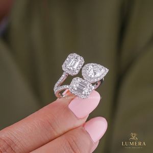 Custom Three Stone Lab Grown Diamond Engagement <b>Ring</b>, Pear And <b>Emerald</b> Cut Diamonds With Halo Settings, Split Pave Diamond <b>Ring</b> - Product Image 3