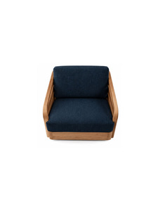 Fauteuil moderne en bois massif avec revêtement en tissu bleu marine, design mi-siècle pour salon et mobilier de détente - Product Image 3