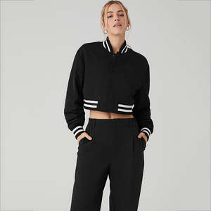 Women Varsity Jacket High Quality Custom Gym Cropped Button Running Made With Comfortable <b>Fabric</b> with Leather Sleeve - Product Image 1