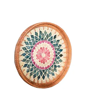 Hot Deals Handmade Lovely rattan Mother Of Pearl Trays, Blue Pink White Lacquer Tray