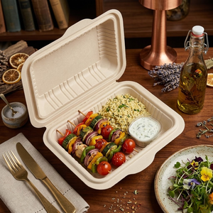 Conteneur alimentaire en bagasse écologique à clapet |   Boîte jetable anti-graisse en pulpe de canne à sucre pour salades et emballages alimentaires à emporter - Product Image 1