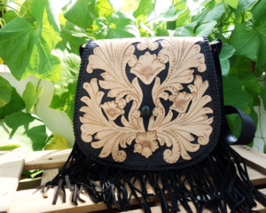 Genuine Leather Vintage Crossbody <b>Bag</b> with Embroidery Pattern Tassel Fringes Single Strap - Product Image 1