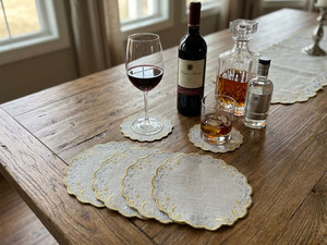 Vente en gros de sous-verre rond brodé personnalisé pour cocktail, lune et étoile, lin naturel, bordure festonnée en or, pour événements à domicile, bars - Product Image 4