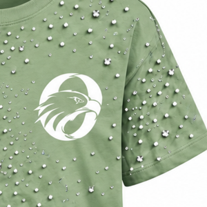 T-shirt unisexe vert sauge orné de perles, col rond élégant, manches courtes, haut perlé tendance pour le streetwear décontracté et le quotidien - Product Image 5