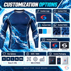 Rashguard BJJ MMA bleu marine, cyan, blanc, à panneaux hexagonaux, imprimé performance avec superpositions motif vague de tempête et technique - Product Image 5
