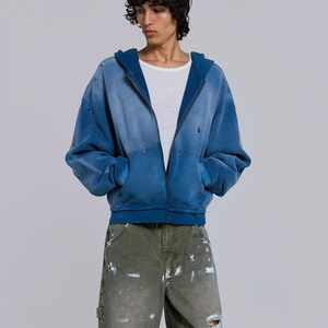 Custom Own Logo High Quality Heavyweight Distressed French Terry 400gsm Sun Faded Washed Blank Vintage Oversized <b>Zip</b> up Hoodie - Product Image 2