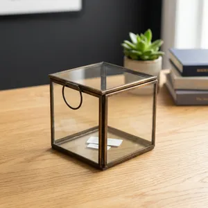 Square Glass Jewelry Box With Brass Frame Ring Handle Minimalist Storage Organizer For <b>Bedroom</b> <b>Vanity</b> - Product Image 2
