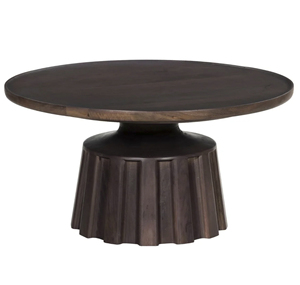 Nueva Mesa de Centro Moderna con Base Acanalada, Acabado Liso en Nogal, Madera de Mango Sólida, Forma Redonda, para Sala de Estar - Product Image 4