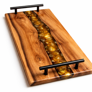 Bandeja de Madera con Incrustaciones de Resina Dorada y Asas Metálicas, Bandeja de Servir de Madera de Acacia Premium, Nueva Llegada - Product Image 1