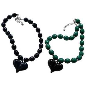 Green Handmade Beaded Necklace with Black Heart Pendant Women's Cute <b>Resin</b> Christian Jewelry Fashion Statement Piece - Product Image 6
