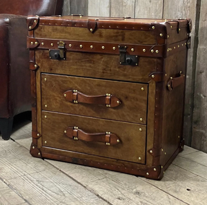 Leather Trunk <b>Drawer</b> Cabinet Antique Storage Chest Wooden <b>Side</b> Table Brass Studded Furniture Home Decor Living Room Entry Hotel - Product Image 1