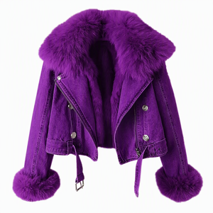 Veste en jean pour femme avec col et poignets en fourrure de renard, coupe-vent, manteau court d'hiver, manches longues, style moto - Product Image 1