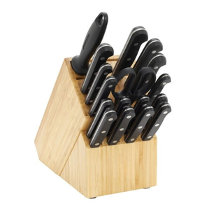 Ensemble de couteaux de cuisine noir, argent et beige avec manches rivetés, bloc de rangement, ciseaux et aiguiseur pour trancher, hacher et cuisiner - Product Image 1