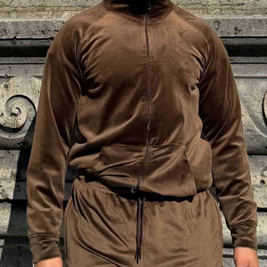 Ensemble de survêtement en velours marron pour homme, veste à col montant et pantalon de survêtement, tenue décontractée en deux pièces - Product Image 1