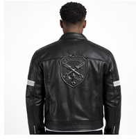 Blouson aviateur en cuir véritable personnalisé, blouson de motard en cuir noir avec bande blanche sur les manches, blouson en cuir de motard