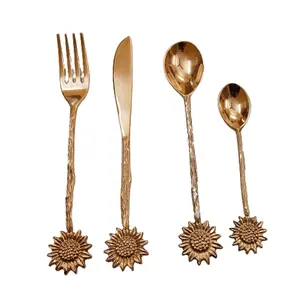 Golden Brass Polished Sunflower End Design rough Stem Handle Handmade 04 Pcs Flatware Set in a gift Box